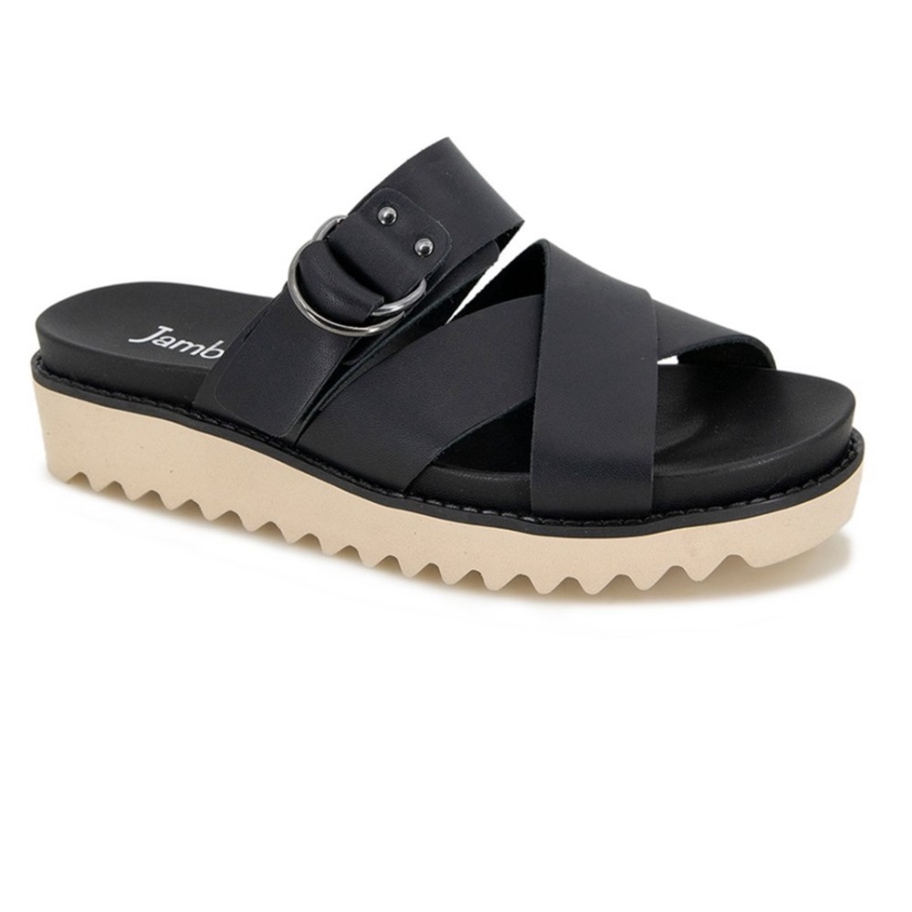 Jambu Frida Platform Slide Sandal Women’s Size 9 Black Contoured Footbed Leather